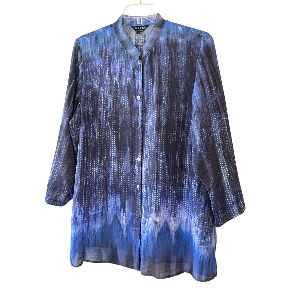 CITRON SANTA MONICA Size 1X Blue Mandarin Button-Up Long Sleeve Tunic Top VTG
